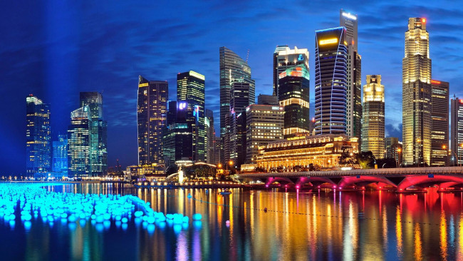 Обои картинки фото города, сингапур , сингапур, река, мост, вечер, огни