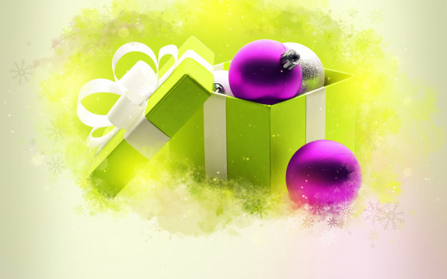 Обои картинки фото праздничные, шары, игрушки, коробка, фон, зеленая, снежинки, новогодние, ленточка