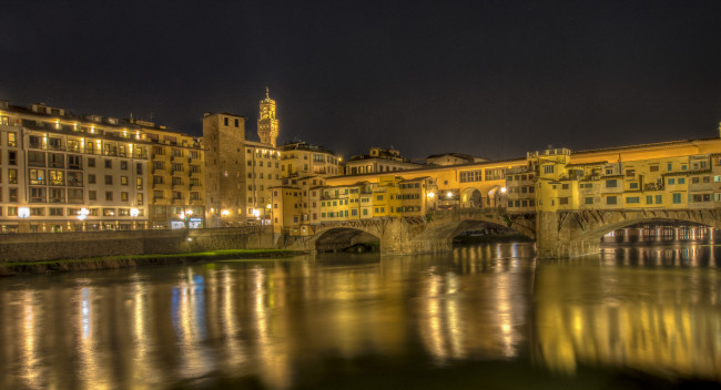 Обои картинки фото ponte vecchio bridge florence, города, флоренция , италия, мост, река, огни, ночь