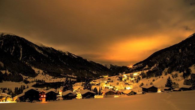 Обои картинки фото города, - пейзажи, огни, вечер, снег, закат, горы