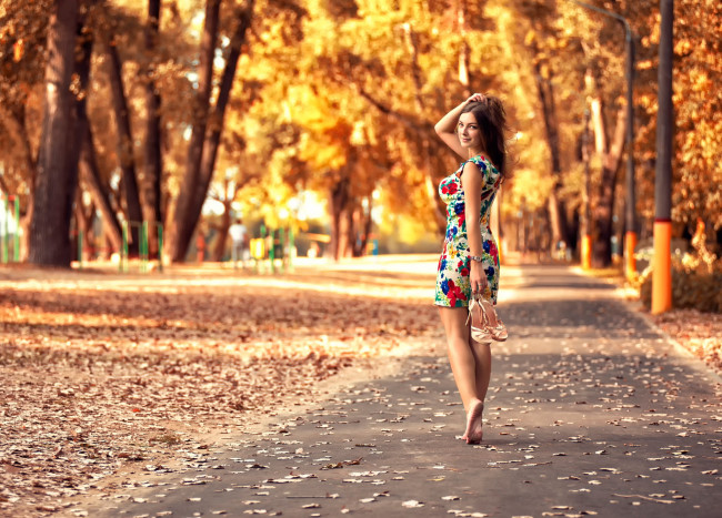Обои картинки фото девушки, -unsort , брюнетки, темноволосые, осень, листья, босиком, туфли, брюнетка, платье, дорожка, аллея