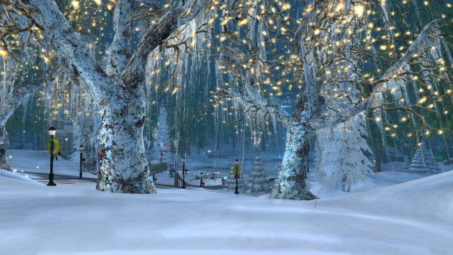 Обои картинки фото праздничные, 3д графика , новый год, деревья, снег, гирлянды