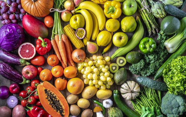 Обои картинки фото еда, овощи, манго, папайя, помидоры, капуста