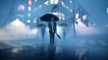 обоя видео игры, ghostwire,  tokyo, фигуры, призраки, зонты, город, туман
