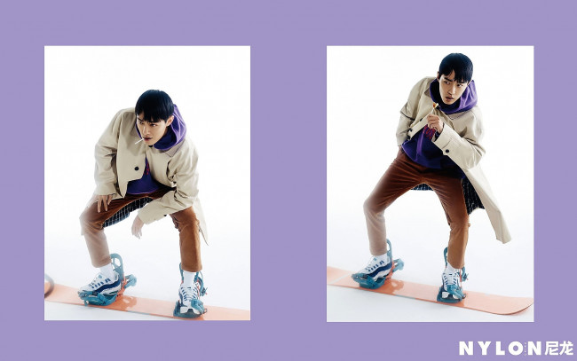 Обои картинки фото мужчины, xiao zhan, актер, кроссовки, плащ, доска, леденец