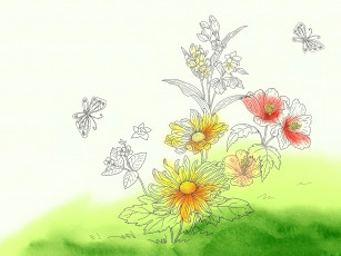обоя рисованное, цветы, бабочки