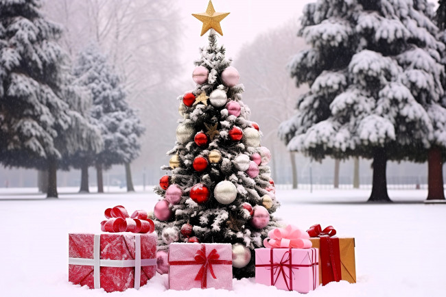 Обои картинки фото праздничные, ёлки, ёлка, подарки, снег