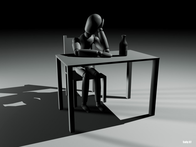 Обои картинки фото 3д, графика, modeling, моделирование, стол, бутылка