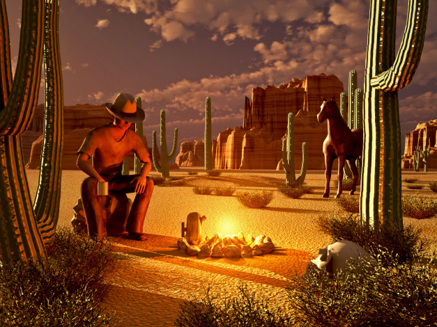 Обои картинки фото 3д, графика, realism, реализм, пустыня, лошадь, кактусы