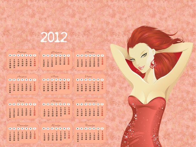 Обои картинки фото календари, рисованные, векторная, графика, платье, рыжая