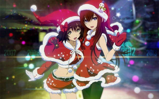 Обои картинки фото аниме, steins, gate, xmas, фон, макисе, курису, снегурочки, девушки, маюши, врата, штейн