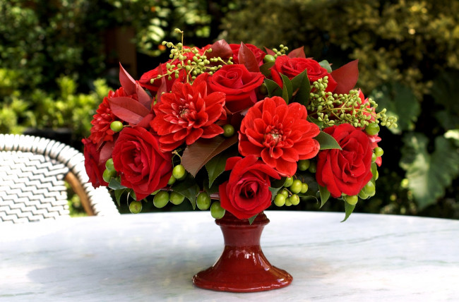 Обои картинки фото цветы, букеты, композиции, красный, георгины, розы