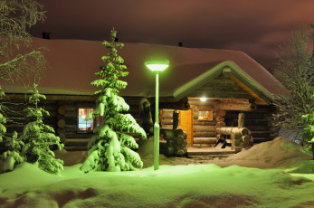 Картинка лапландия финляндия разное сооружения постройки дом огни ночь зима снег
