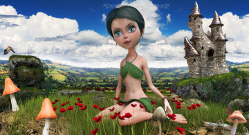 Картинка 3д графика fantasy фантазия девочка грибы замок