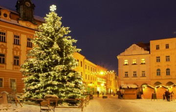 обоя Чехия, йиндржихув, градец, праздничные, Ёлки, снег, елка, дома, пейзаж, новогодний