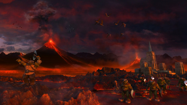 Обои картинки фото 3д, графика, fantasy, фантазия, замок, птицы, вулкан, горы, сущестпа
