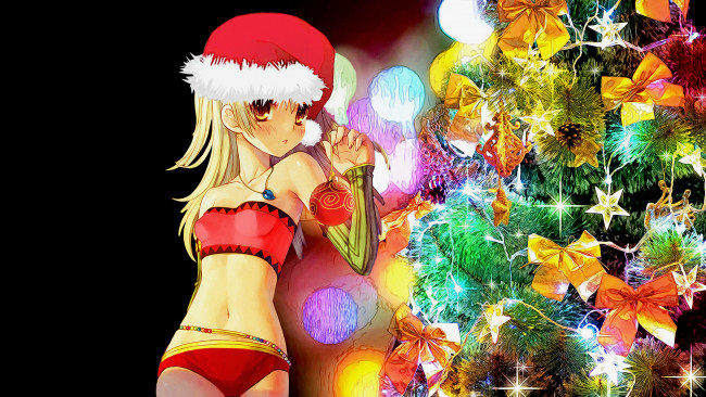 Обои картинки фото аниме, merry, chrismas, winter, елка, девушка
