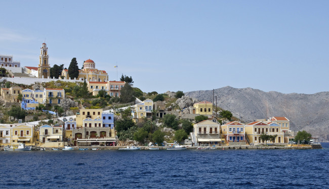 Обои картинки фото греция, ano, symi, города, панорамы, берег, дома, море