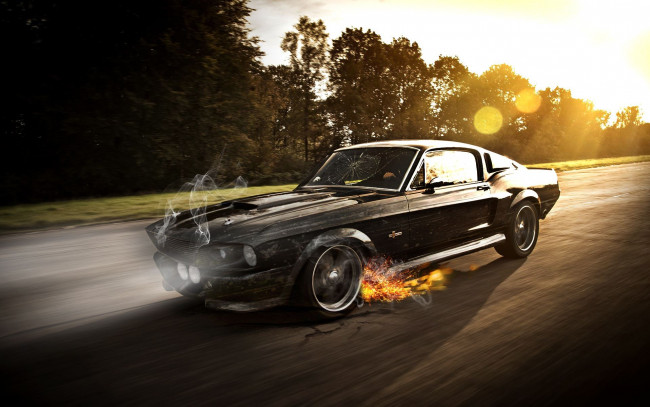 Обои картинки фото ford, автомобили, mustang, дым, искры, деревья, скорость, шоссе