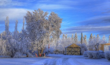Картинка природа зима дом иней мороз небо снег