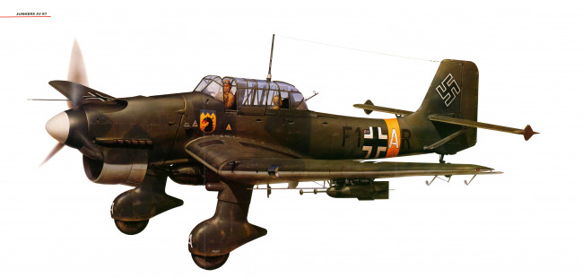 Обои картинки фото авиация, 3д, рисованые, v-graphic, бомбардировщик, пикирующий, штурмовик, 87, ju, junkers