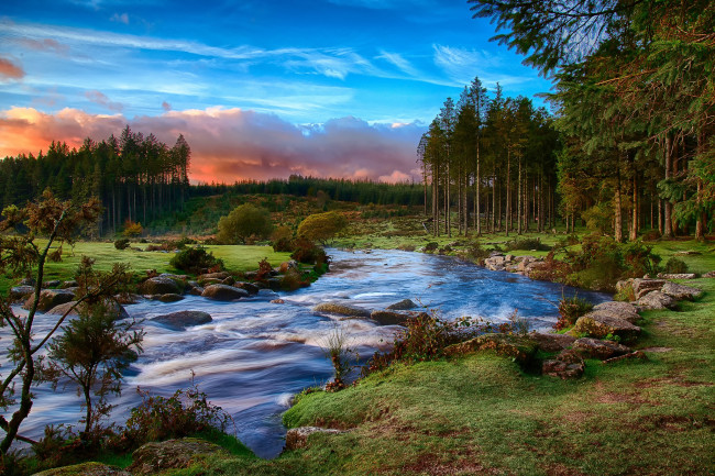 Обои картинки фото природа, реки, озера, национальный, парк, дартмур, облака, река, утро, лес, графство, девон, юго-западная, англия