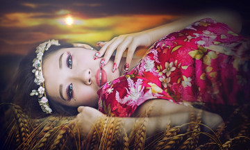 Картинка девушки -unsort+ азиатки фотошоп маникюр макияж взгляд колосья азиатка