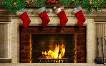 Картинка праздничные 3д+графика+ новый+год огонь камин украшение шары носки ёлка