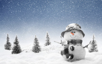 обоя праздничные, снеговики, ёлки, снегопад, снег, снеговик