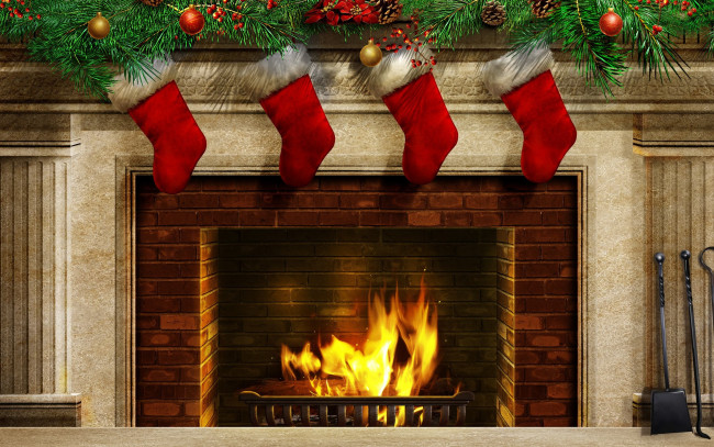 Обои картинки фото праздничные, 3д графика , новый год, огонь, камин, украшение, шары, носки, ёлка