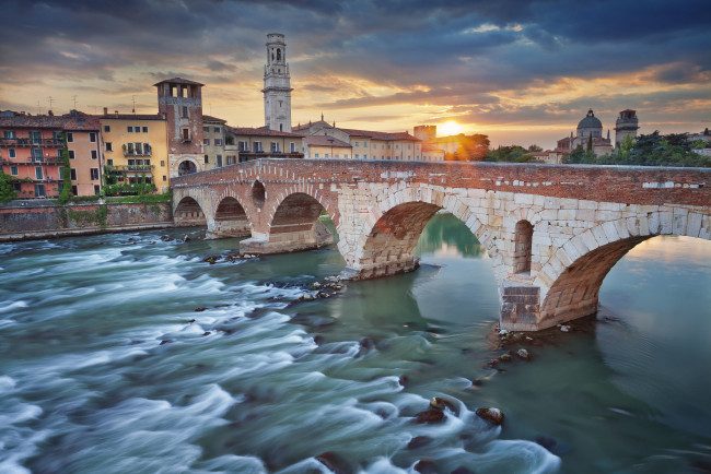 Обои картинки фото города, верона , италия, верона, река, дома, башня, мост