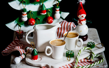 Картинка праздничные угощения декор снеговик кофе новый год игрушки