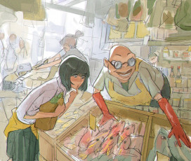 Картинка рисованное комиксы магазин женщина продавец рыба