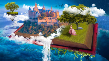 Картинка разное компьютерный+дизайн замок водопад девушка деревья книга облака небо