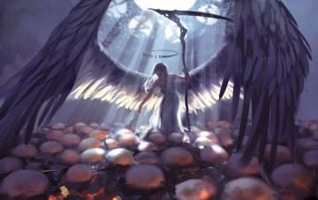 Картинка фэнтези ангелы девушка коса фон крылья нимб