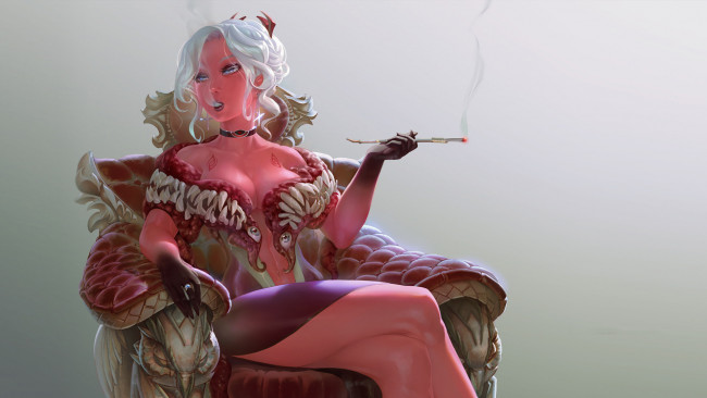 Обои картинки фото фэнтези, девушки, девушка, мундштук, дым, сигарета, кресло, фон