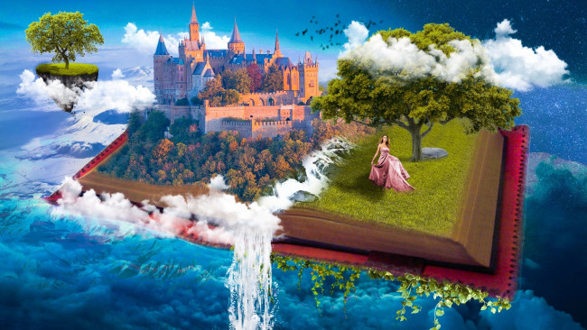 Обои картинки фото разное, компьютерный дизайн, замок, водопад, девушка, деревья, книга, облака, небо