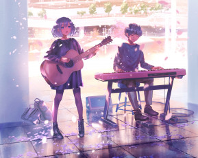 Картинка аниме музыка девушка парень уличные музыканты