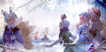 обоя аниме, touhou, девочки, хвосты, зима, лед, снег