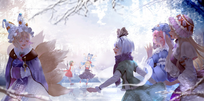 Обои картинки фото аниме, touhou, девочки, хвосты, зима, лед, снег