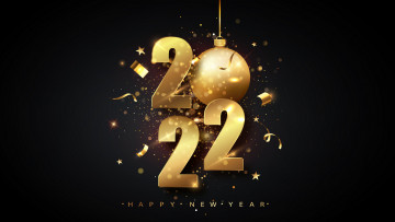 обоя праздничные, векторная графика , новый год, 2022, год, золотые, украшения, шар, блеск, с, новым, годом, черный, фон