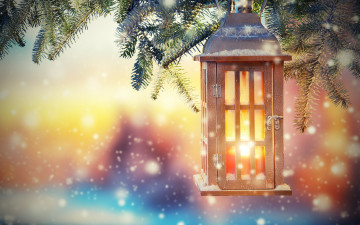обоя свет, праздничные, новогодние свечи, рождество, фонарь, ёлка, снег