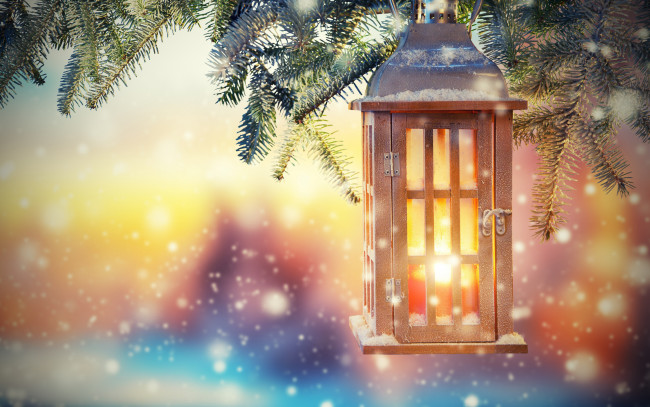 Обои картинки фото свет, праздничные, новогодние свечи, рождество, фонарь, ёлка, снег