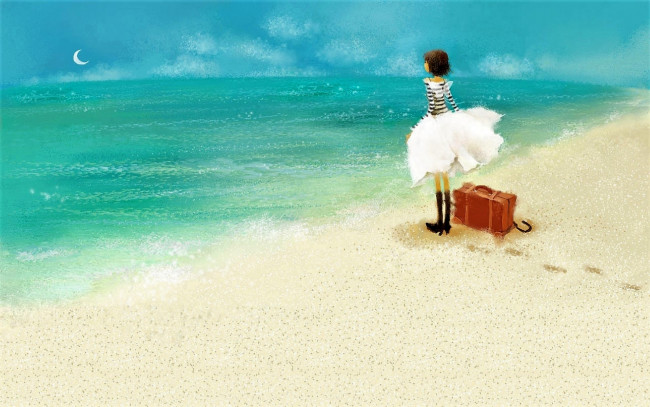 Обои картинки фото рисованное, люди, девочка, чемодан, море, песок, следы