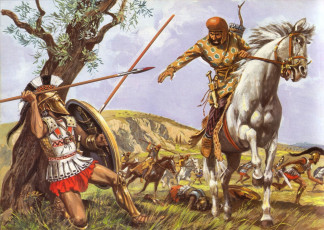 Картинка фэнтези люди лошадь копье перс гоплит история щит воины сражение