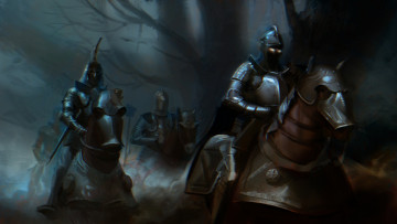 Картинка фэнтези люди рыцари всадники лошади ночь лес доспехи
