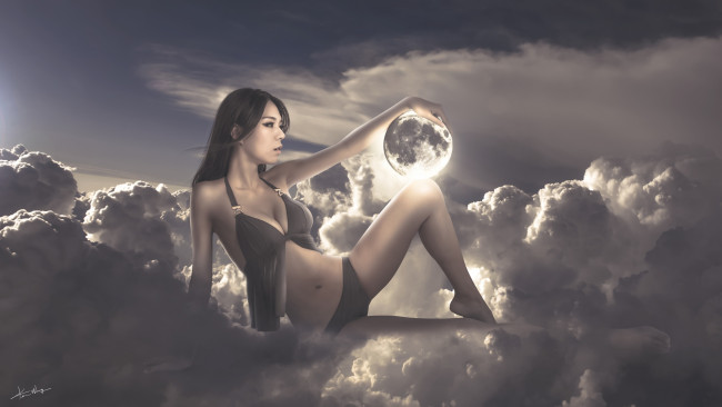 Обои картинки фото фэнтези, девушки, облака, сфера