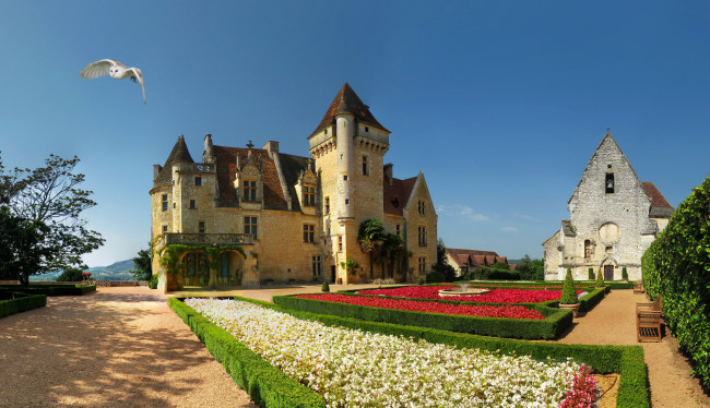 Обои картинки фото chateau des milandes,  dordogne  франция, города, замки франции, франция, ландшафт, кусты, цветы, парк, замок, dordogne, chateau, des, milandes