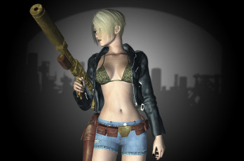 Картинка 3д+графика фантазия+ fantasy взгляд блондинка девушка шорты оружие фон