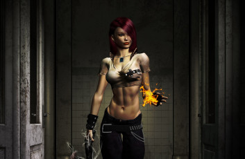 Картинка 3д+графика фантазия+ fantasy взгляд девушка огонь рыжая фон магия оружие